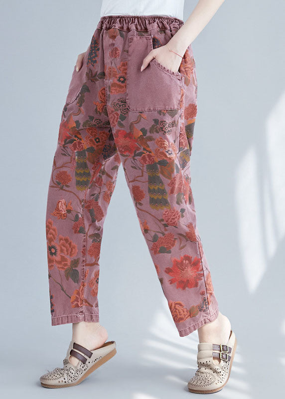 Brick Red Elastic Waist Print Cotton Denim Pants Spring