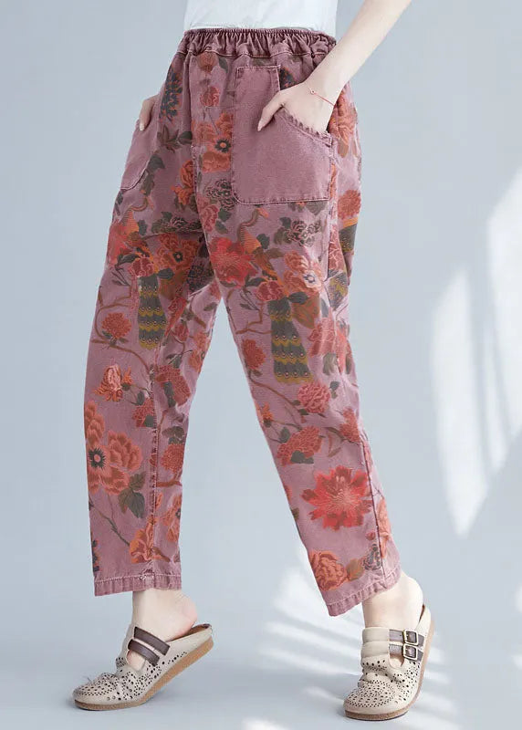 Brick Red Elastic Waist Print Cotton Denim Pants Spring