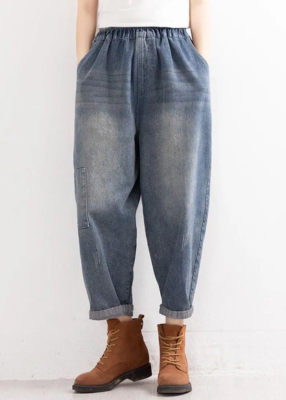 Denim Blue Elastic Waist Pockets Patchwork Applique Cotton Harem Pants Fall