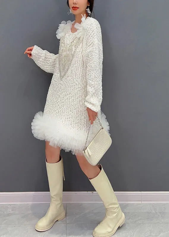 White O-neck Tulle Patchwork Knit Dress Long Sleeve
