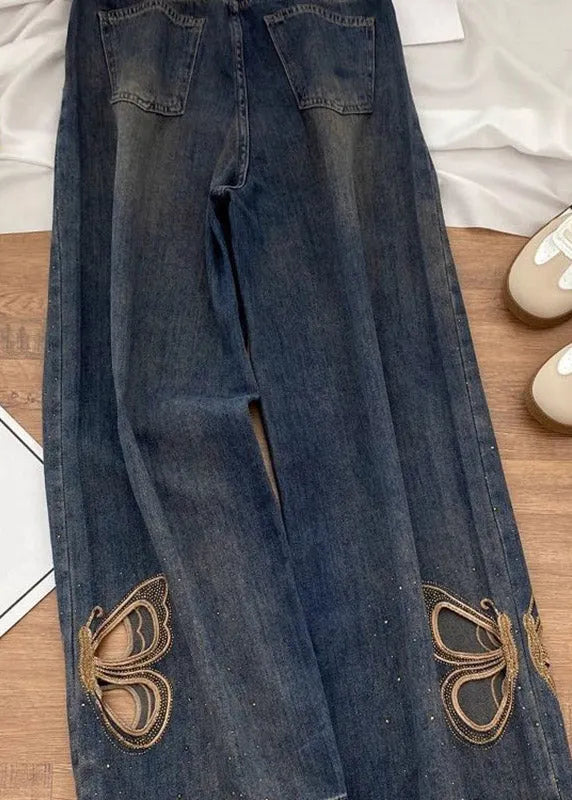 New Hollow Out Butterfly Zircon Straight Jeans