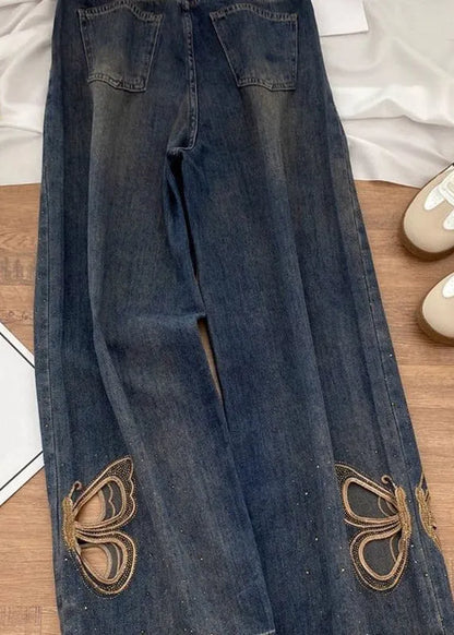 New Hollow Out Butterfly Zircon Straight Jeans