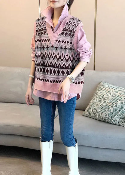 French Pink Peter Pan Collar Shirts and Vest Knit Two Piece Suit Set Fall