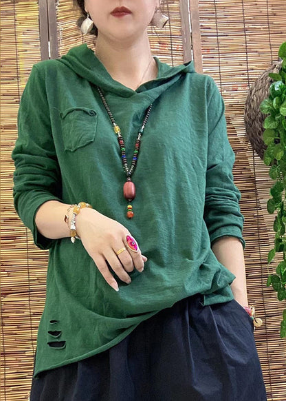 Black Hooded Side Open Hole Cotton Top Long Sleeve