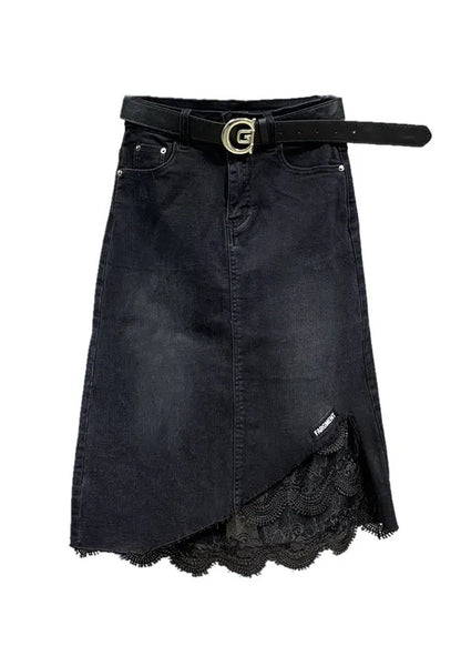 Black Lace Pockets Patchwork Denim Skirt Spring