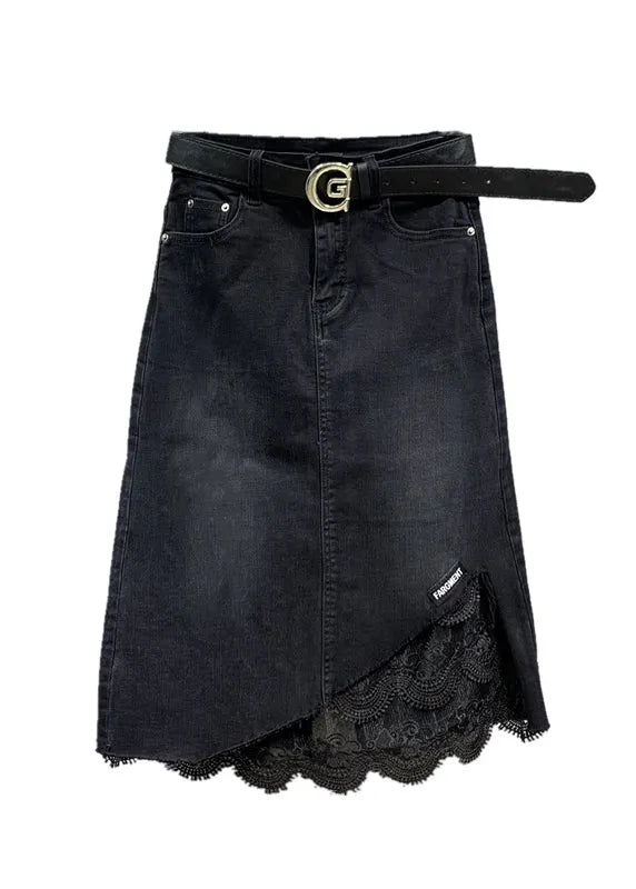 Black Lace Pockets Patchwork Denim Skirt Spring