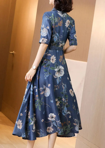 Blue Peter Pan Collar Print Button Sashes Denim Long Dress Short Sleeve