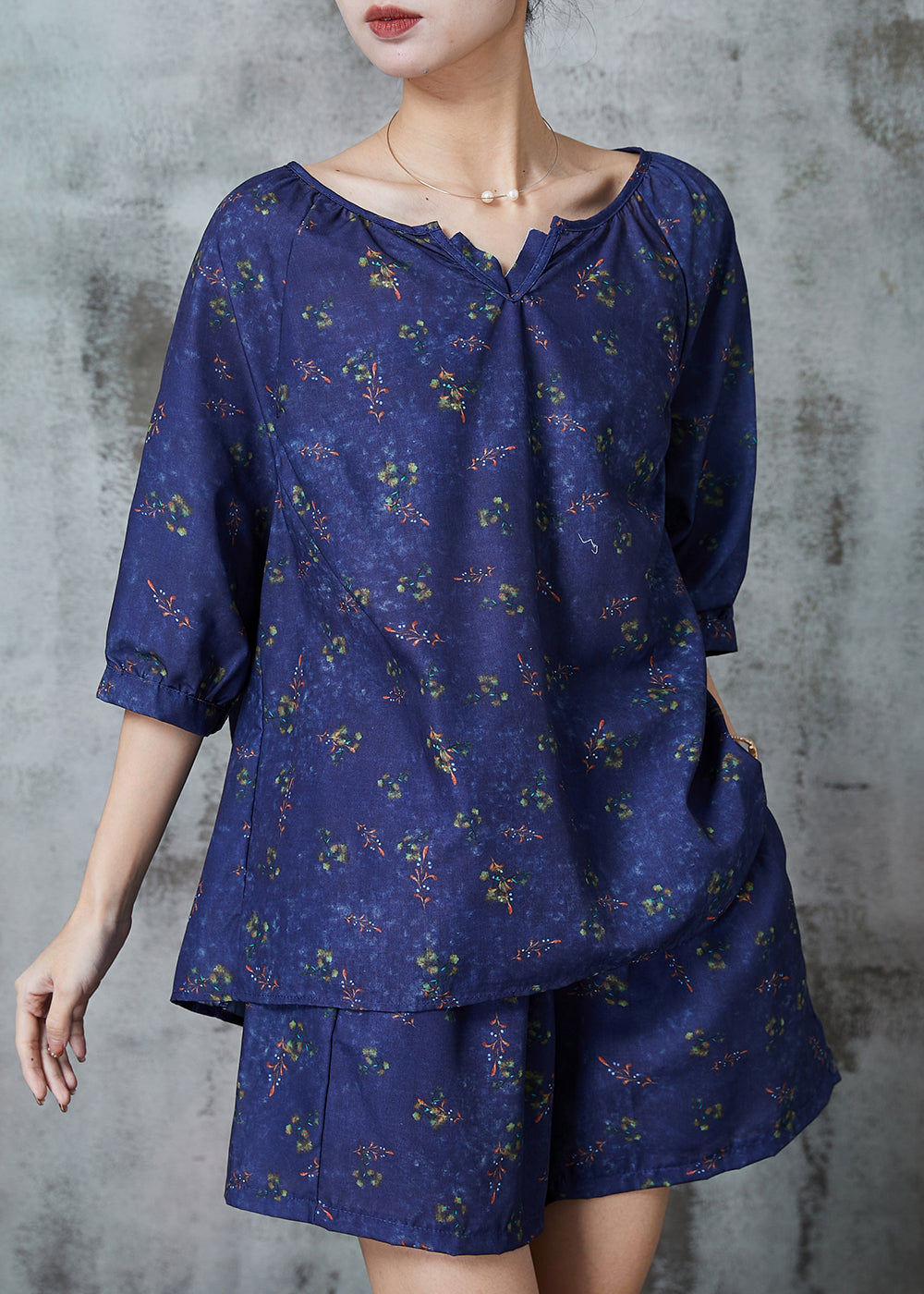 Navy Oversized Print Cotton Two Piece Set Clothing Summer