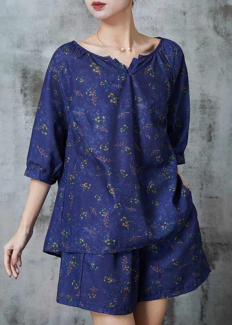 Navy Oversized Print Cotton Two Piece Set Clothing Summer