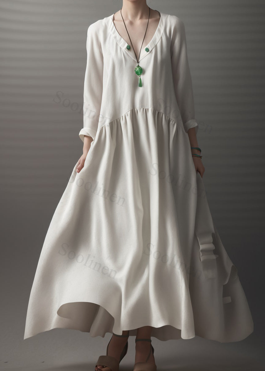 Beige V Neck Wrinkled Patchwork Silk Dress Long Sleeve