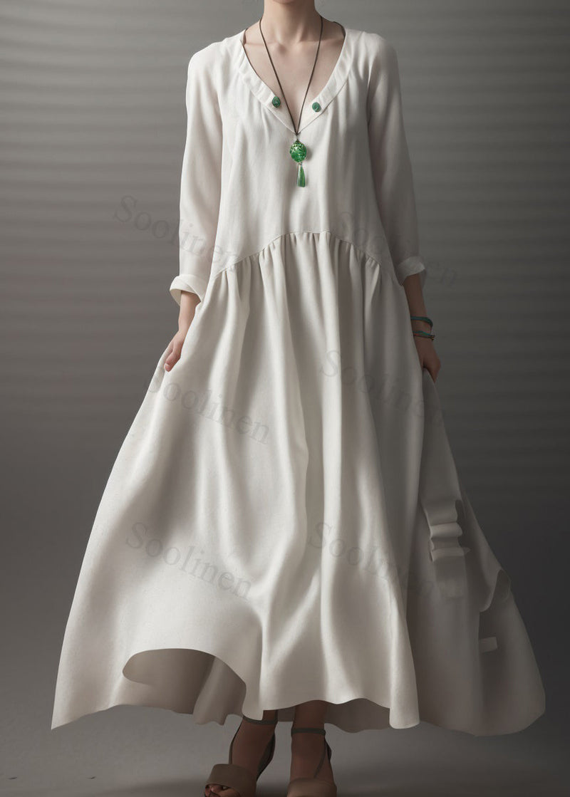 Beige V Neck Wrinkled Patchwork Silk Dress Long Sleeve