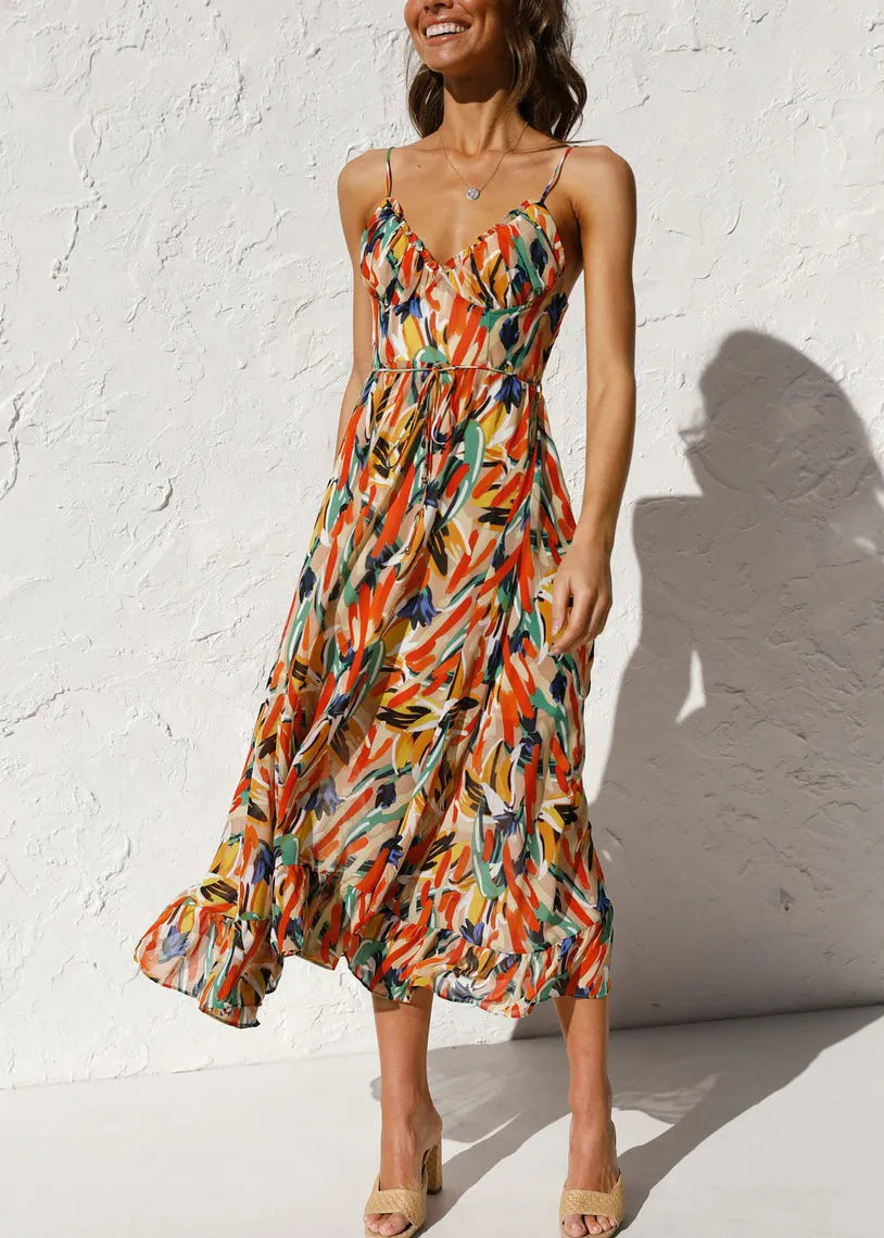 Novelty Orange Ruffled Print Cotton Spaghetti Strap Dress Sleeveless Summer