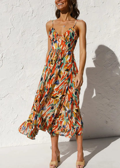 Novelty Orange Ruffled Print Cotton Spaghetti Strap Dress Sleeveless Summer