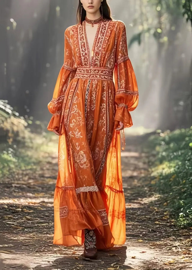 Italian Orange Cinched Print Chiffon Holiday Dress Spring