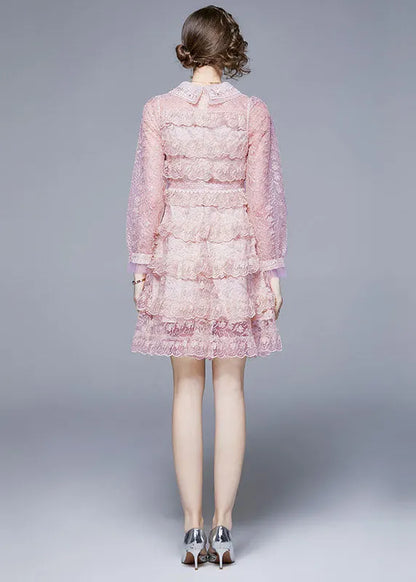 Pink Peter Pan Collar Ruffles Patchwork Mid Dress Long Sleeve