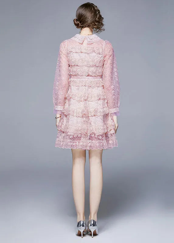 Pink Peter Pan Collar Ruffles Patchwork Mid Dress Long Sleeve