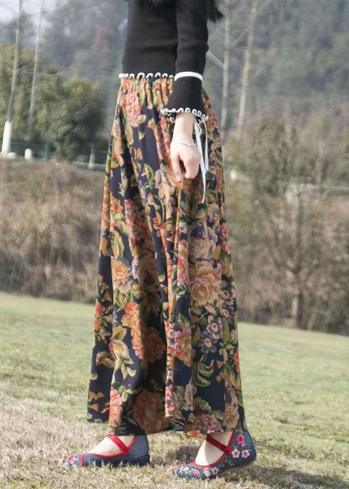 Print Wrinkled Elastic Waist Maxi Skirt