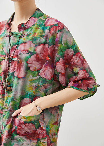 Red Chinese Button Linen Two Pieces Set Summer
