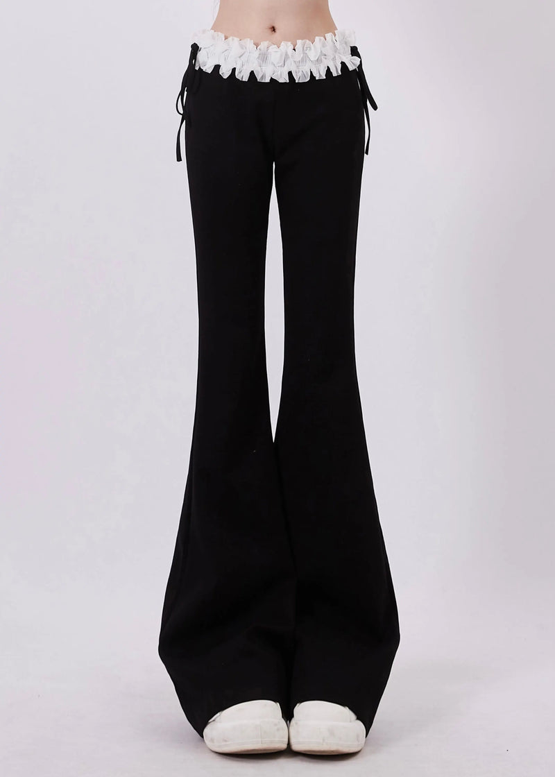 Boutique Black Lace Drawstring Patchwork Cotton Flared Trousers Spring