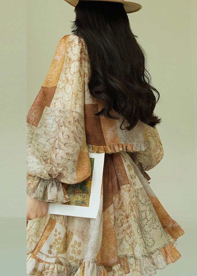 Colorblock Ruffled Print Cotton Two Pieces Set Fall