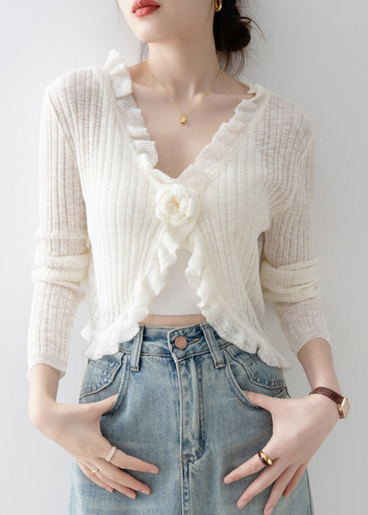 French Black V Neck Ruffled Knit Cardigan Spring