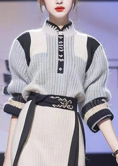 French Grey Tie Waist Cotton Knit Sweaters and Beige a Line Skirts Two Piece Set Long Sleeve