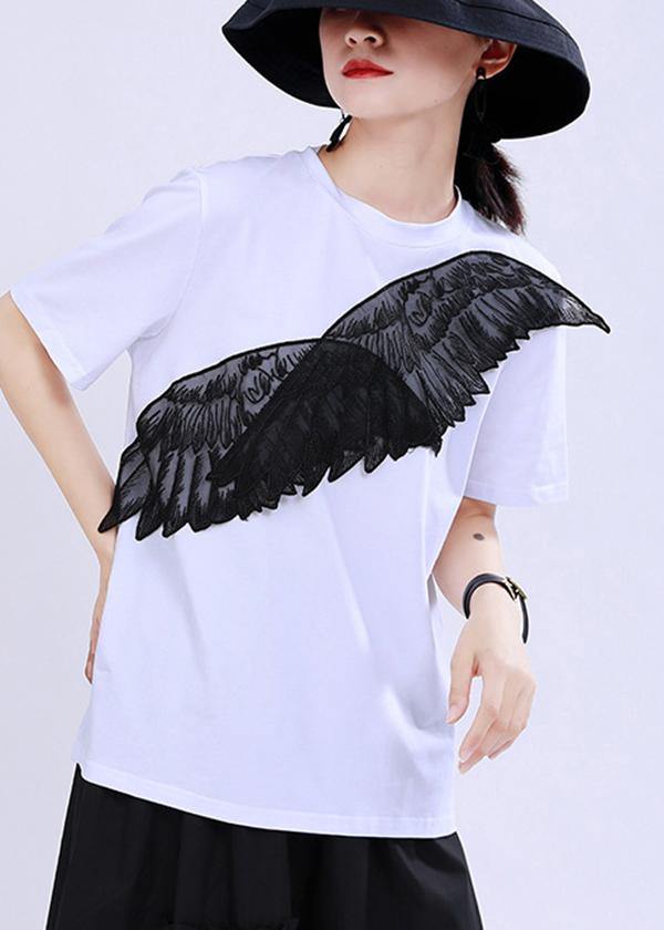 Black Embroidery Appliques Cotton Tee Summer