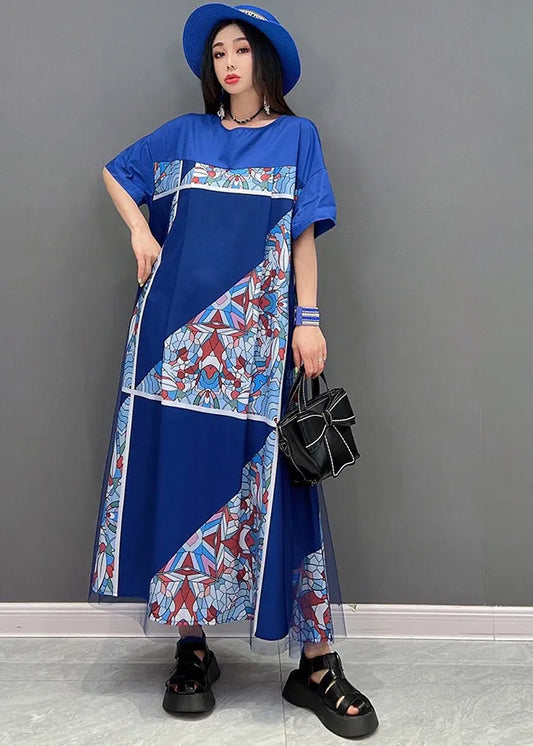 Blue O-neck Print Tulle Patchwork Dresses Short Sleeve