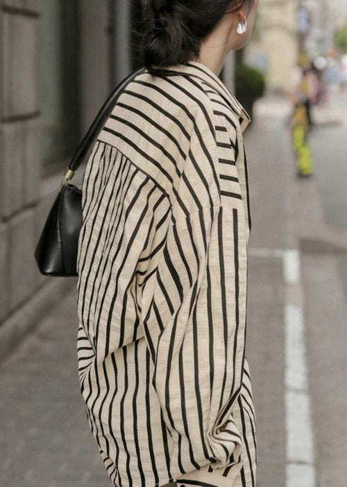Apricot Striped Button Patchwork Cotton Blouse Fall
