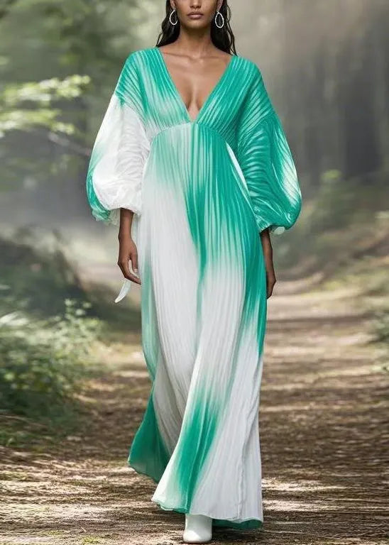 Gradient Color V Neck Wrinkled Chiffon Long Dress Spring
