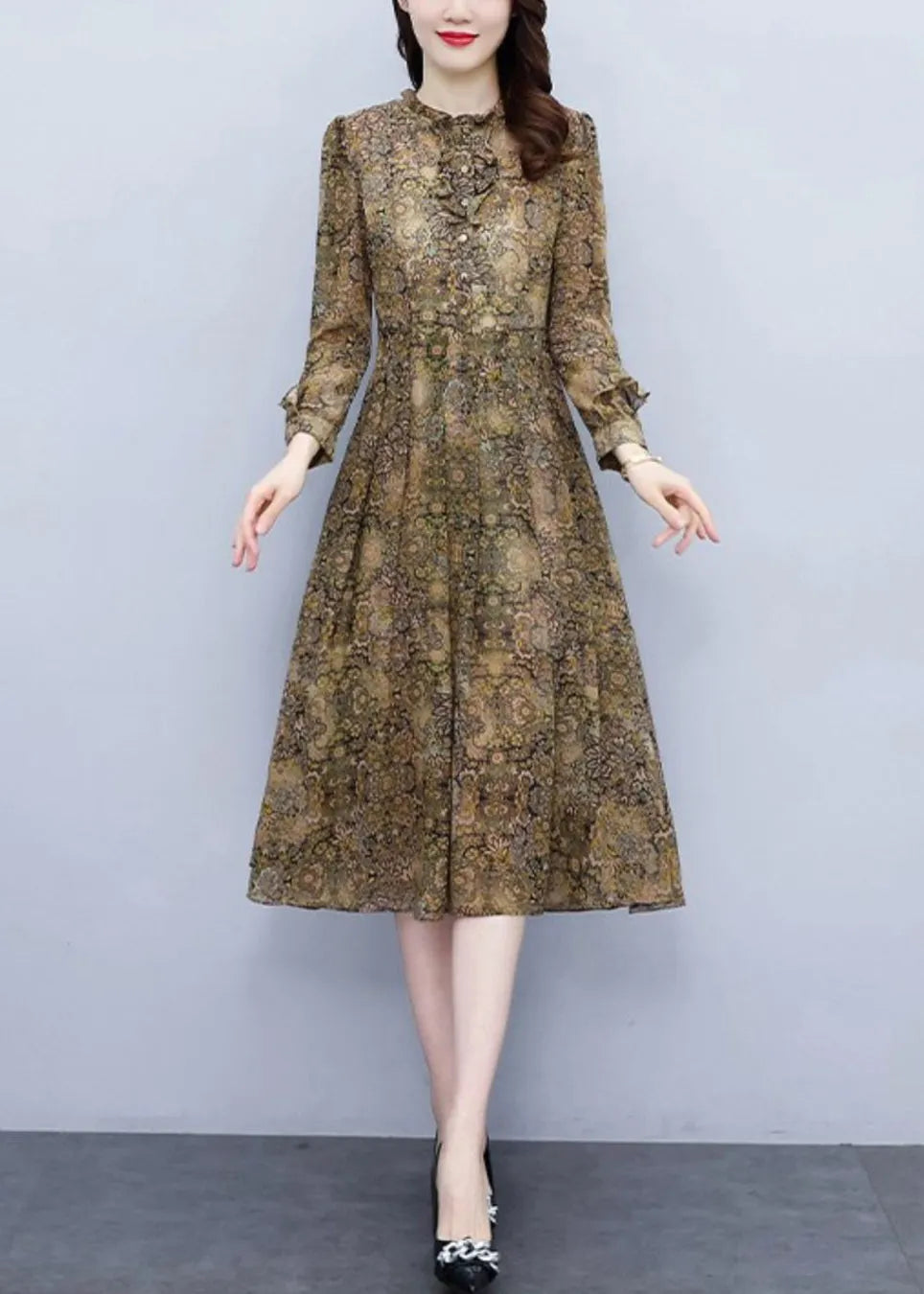 Ruffled Print High Waist Chiffon Dress Long Sleeve Fall