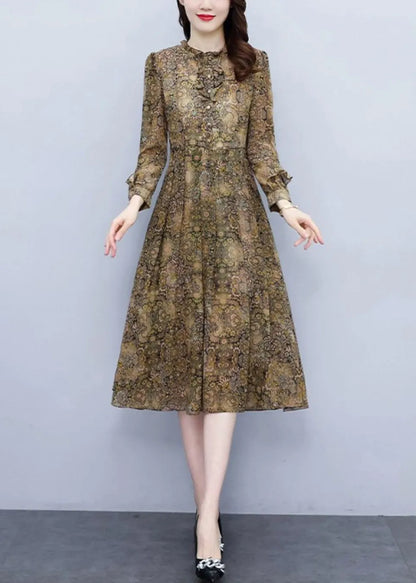 Ruffled Print High Waist Chiffon Dress Long Sleeve Fall