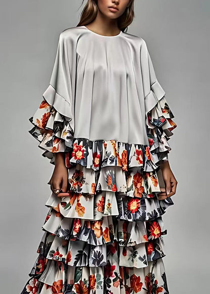 Italian Grey Layered Print Patchwork Silk Dress Butterfly Sleeve