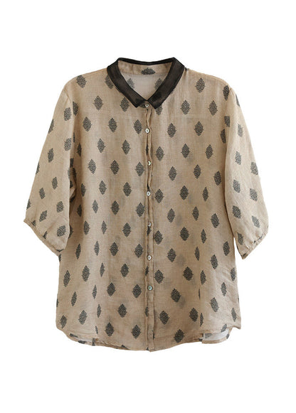 Colour 1 Peter Pan Collar Print Button Linen Shirt Half Sleeve
