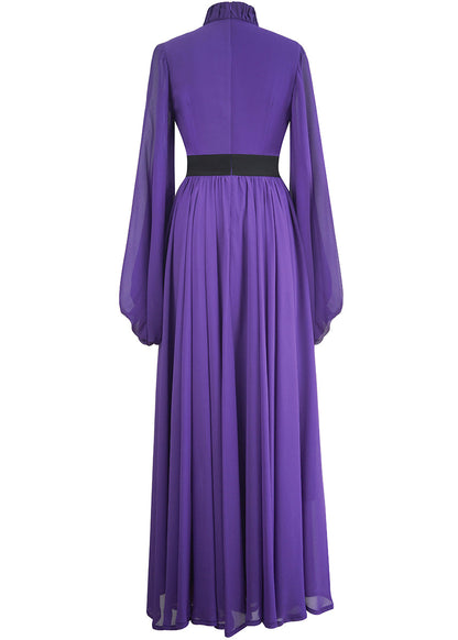 Italian Purple Stand Collar Wrinkled Silk Long Dresses Lantern Sleeve Spring
