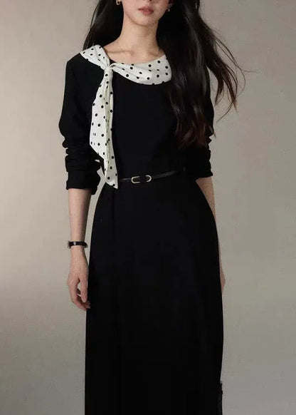 French Black Cinched Patchwork Scarf Cotton Dress Fall