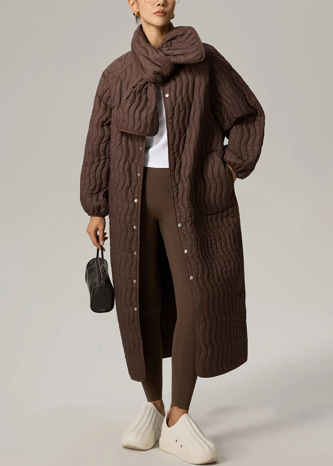 Brown Button Pockets Oversized Cotton Filled Two Pieces Set O Neck