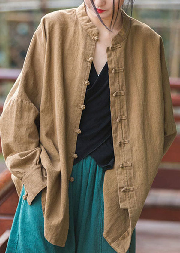 Green Stand Collar Chinese Button Patchwork Cotton Coat Fall