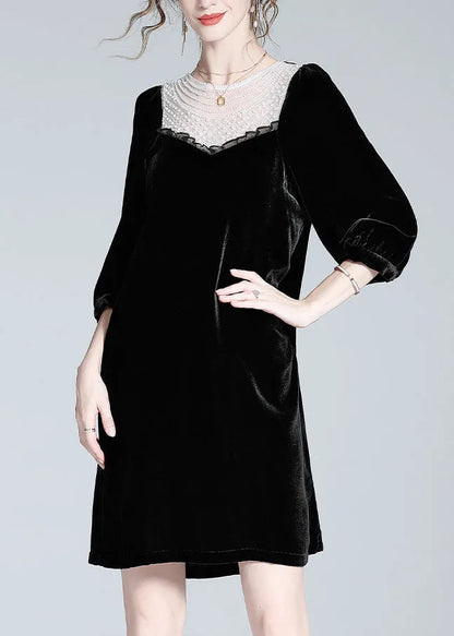 Fine Black O-neck Lace Patchwork Velour Mid Dress Spring