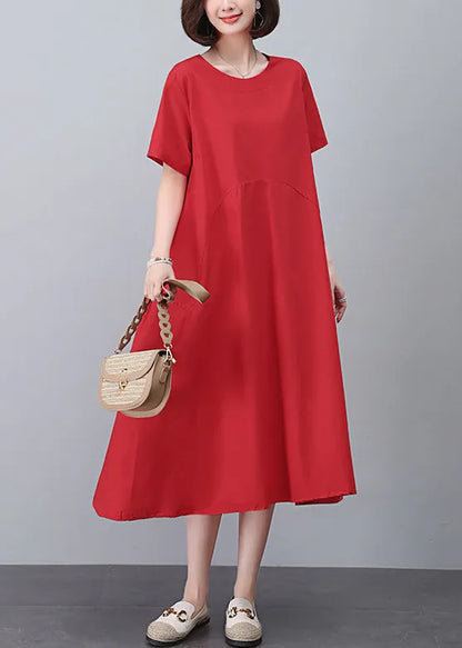 Red Pockets Cotton Dress O Neck Short Sleeve