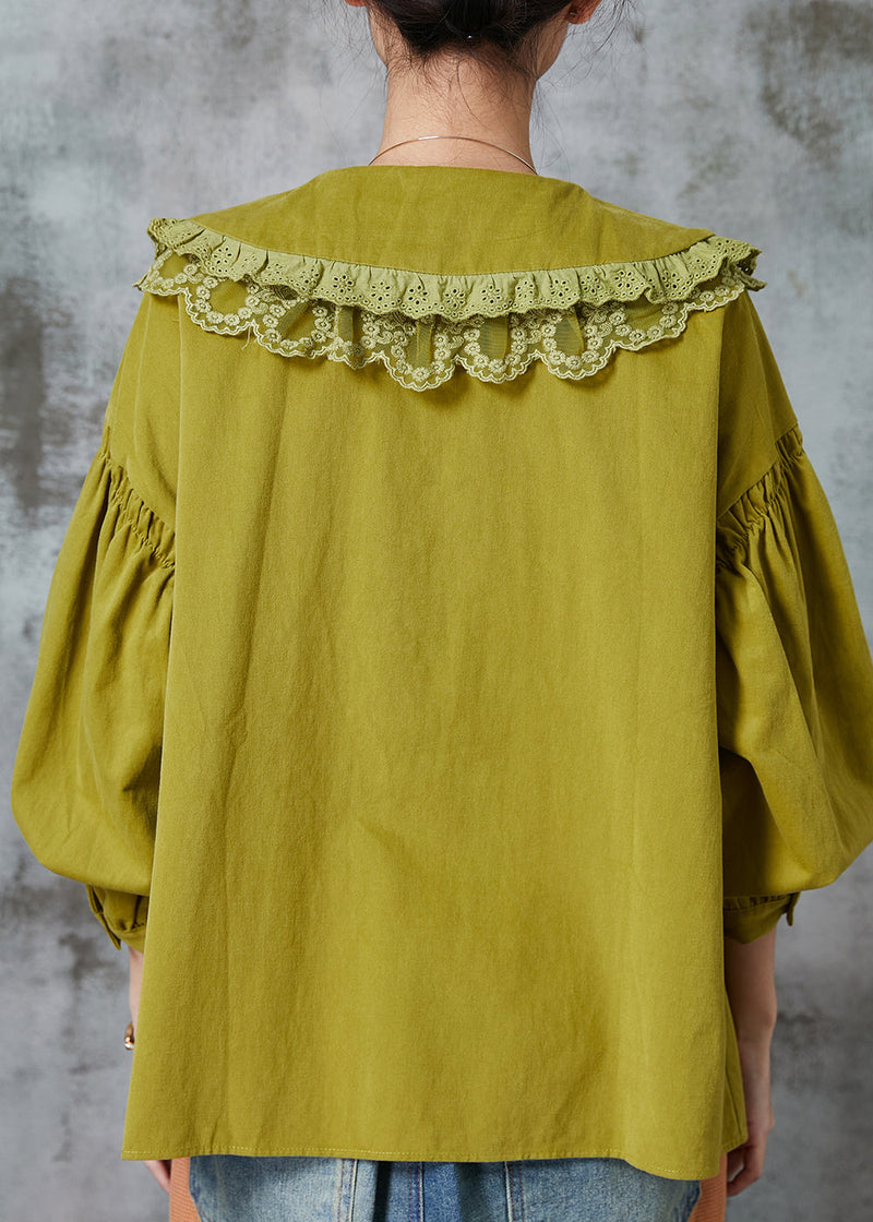 Green Peter Pan Collar Patchwork Lace Cotton Shirt Spring