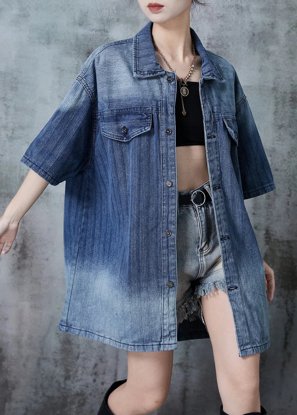 Gradient Blue Oversized Denim Shirt Summer