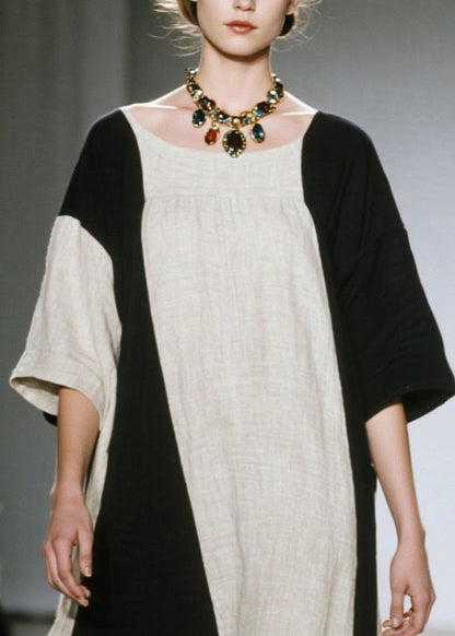 Unique Colorblock Oversized Patchwork Cotton Ankle Dress Half Sleeve