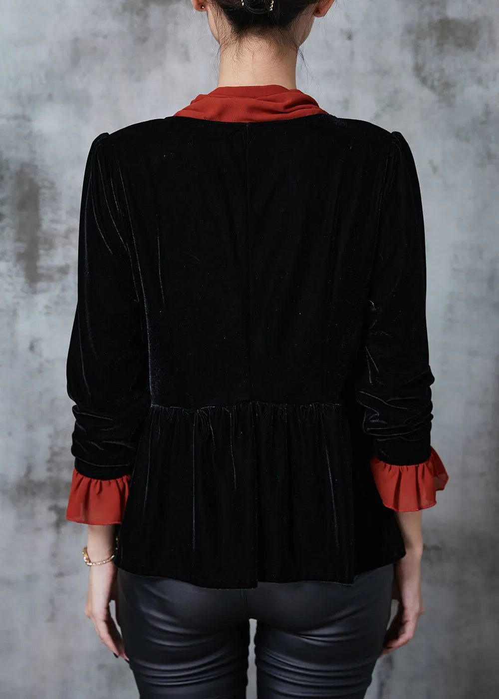 Black Silm Fit Patchwork Silk Velour Blouses Fall