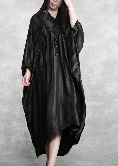 Style Black Striped Silk Maxi Dress Batwing Sleeve a Line Dresses