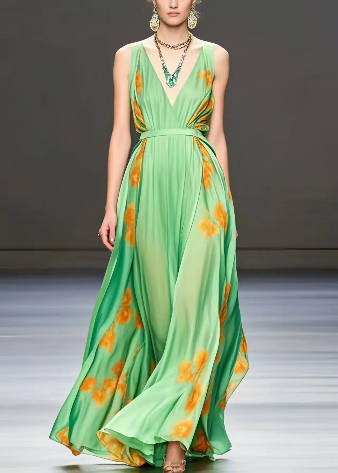 Light Green Print Exra Large Hem Silk Cami Dress Summer