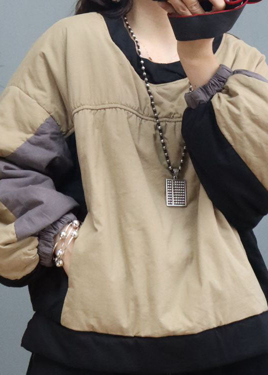 Khaki O-neck Lantern Sleeve Fine Cotton Filled Sweatshirt Street Wear