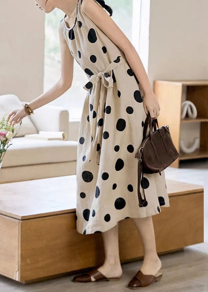 Khaki Dot Pockets Tie Waist Cotton Long Dress Sleeveless Summer