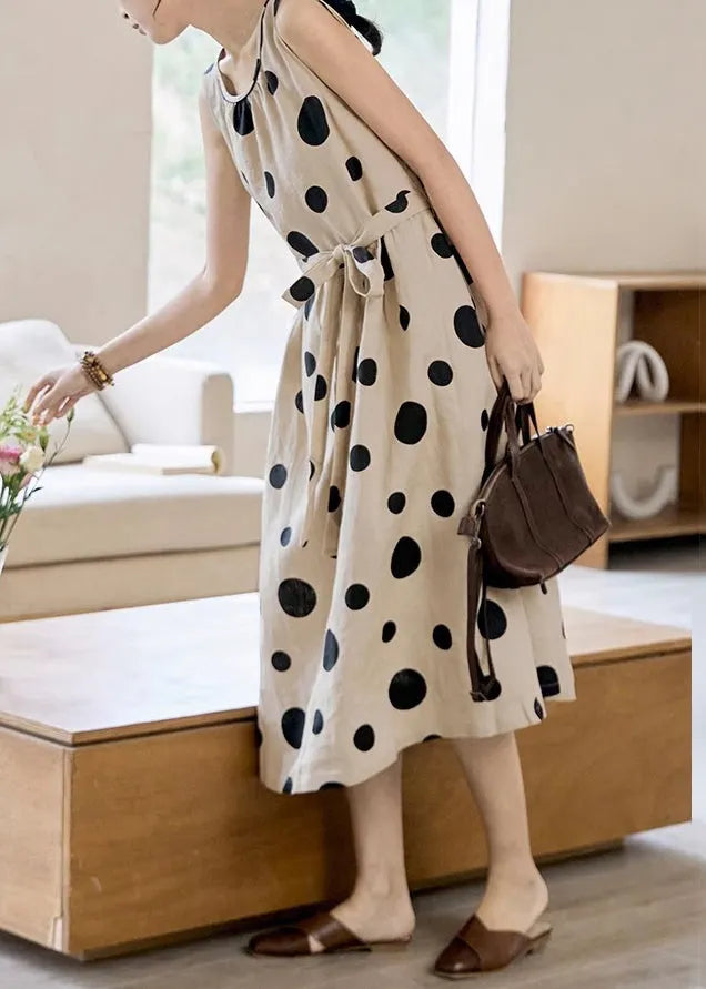 Khaki Dot Pockets Tie Waist Cotton Long Dress Sleeveless Summer