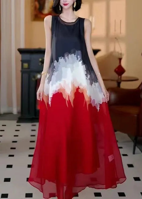 Red Oversized Tie Dye Chiffon a Line Dress Sleeveless